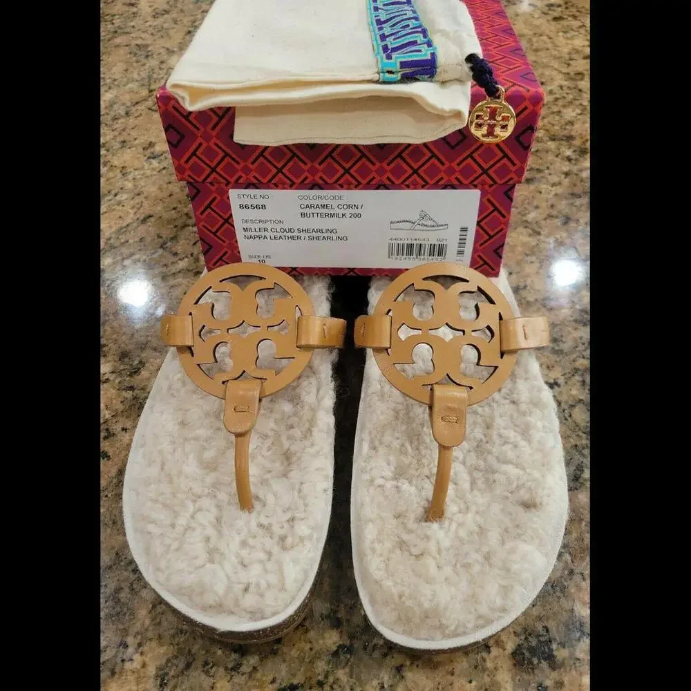 Tory Burch Miller Cloud Shearling Leather Sandal Thongs Shoe Carmel 10 New $268 - Picture 9 of 9